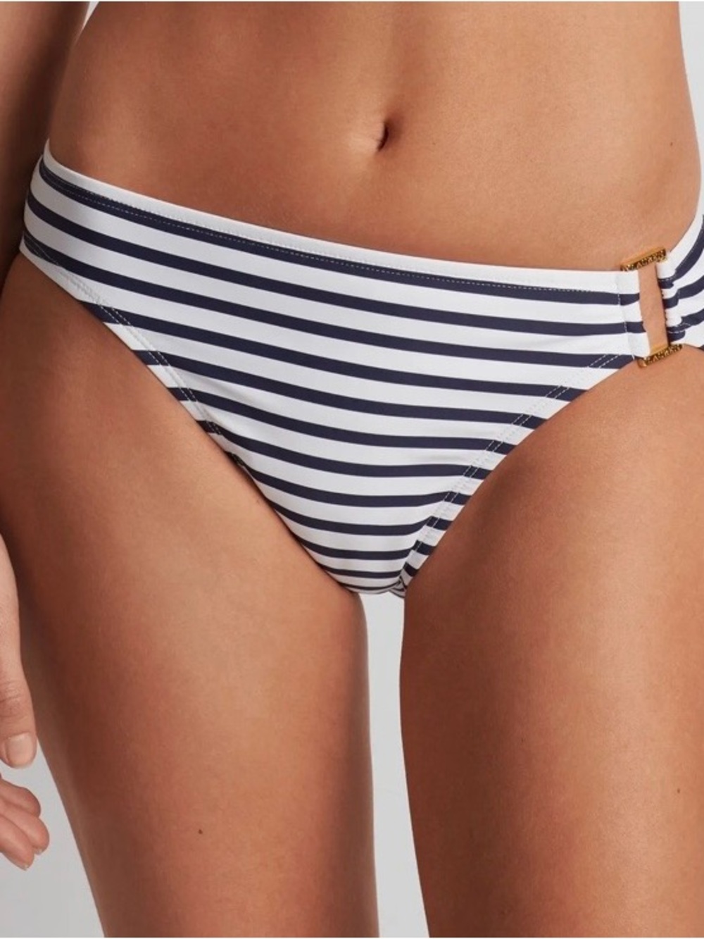 Ralph Lauren Navy & White Striped Bikini Bottom with Gold Ring, NWT 14